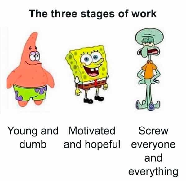 The three stages of work Young and Motivated Screw dumb and hopeful everyone and everything