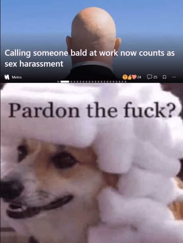 Calling someone bald at work now counts as sex harassment M Metro 020 Pardon the