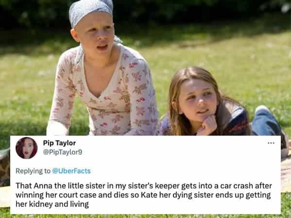 That Anna the little sister in my sister's keeper gets into a car crash after winning her court case and dies so Kate her dying sister ends up getting her kidney and living