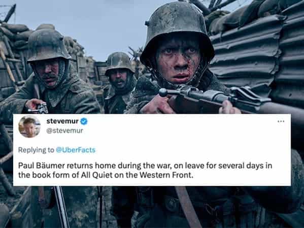 Paul Bäumer returns home during the war, on leave for several days in the book form of All Quiet on the Western Front.