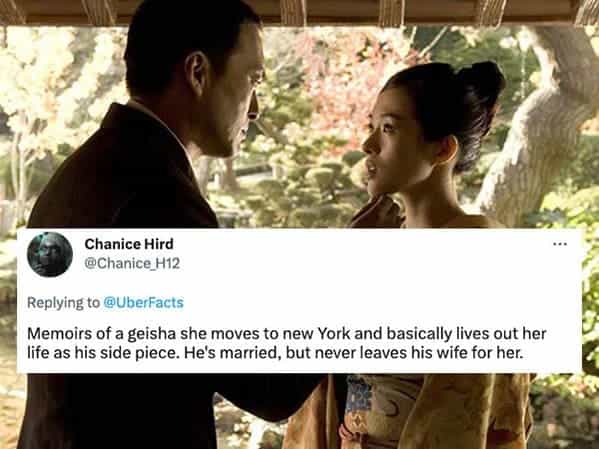 Memoirs of a geisha she moves to new York and basically lives out her life as his side piece. He's married, but never leaves his wife for her.