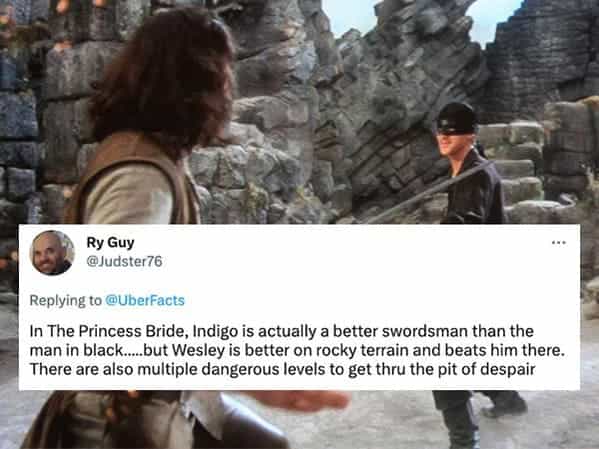 In The Princess Bride, Indigo is actually a better swordsman than the man in black....but Wesley is better on rocky terrain and beats him there. There are also multiple dangerous levels to get thru the pit of despair