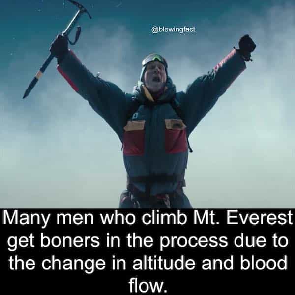 Many men who climb Mt. Everest get boners in the process due to the change in altitude and blood flow.