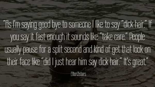 "Als Im saying good bye to someone like to say "dick hair" If you say it fast enough it sounds like "take care. People usually pause for a split secand and kind of get that look on their face like " did l just hear him say dick hair" Its great