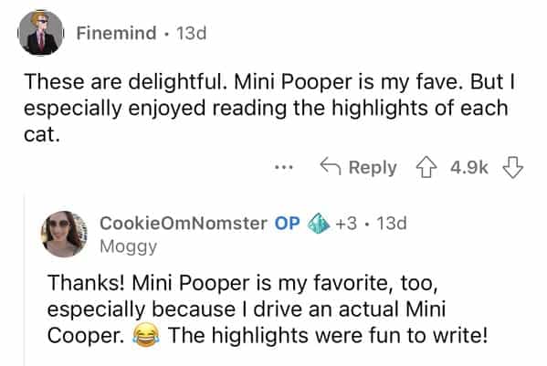 Finemind • 13d These are delightful. Mini Pooper is my fave. But I especially enjoyed reading the highlights of each cat. 5 Reply < 4.9k J CookieOmNomster OP 6 +3 • 13d Moggy Thanks! Mini Pooper is my favorite, too, especially because I drive an actual Mini Cooper. la The highlights were fun to write!