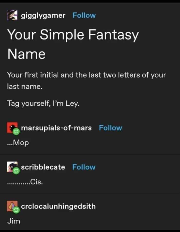 Your Simple Fantasy Name Your first initial and the last two letters of your last name. Tag yourself, l'm Ley. marsupials-of-mars Follow …..Mop scribblecate Follow ...Cis. crclocalunhingedsith Jim
