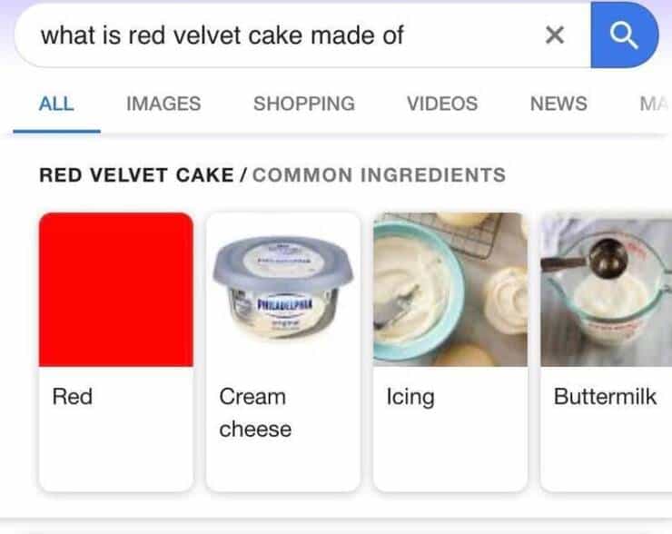 what is red velvet cake made of ALL IMAGES SHOPPING VIDEOS RED VELVET CAKE / COMMON INGREDIENTS Red Cream cheese Icing X O NEWS Buttermilk