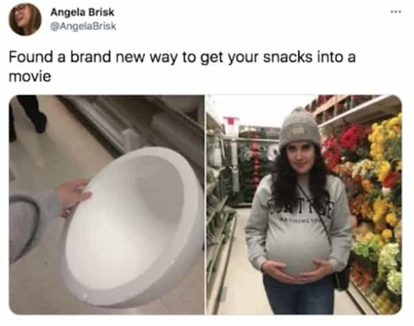 Angela Brisk @AngelaBrisk Found a brand new way to get your snacks into a movie