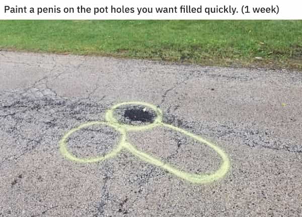 Paint a penis on the pot holes you want filled quickly. (1 week)