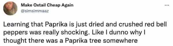 Make Oxtail Cheap Again @simsimmaaz Learning that Paprika is just dried and crushed red bell peppers was really shocking. Like I dunno why I thought there was a Paprika tree somewhere