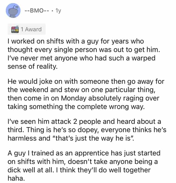 --BMO-- • 1y SE 1 Award I worked on shifts with a guy for years who thought every single person was out to get him. I've never met anyone who had such a warped sense of reality. He would joke on with someone then go away for the weekend and stew on one particular thing, then come in on Monday absolutely raging over taking something the complete wrong way. I've seen him attack 2 people and heard about a third. Thing is he's so dopey, everyone thinks he's harmless and "that's just the way he is". A guy I trained as an apprentice has just started on shifts with him, doesn't take anyone being a dick well at all. I think they'll do well together haha.