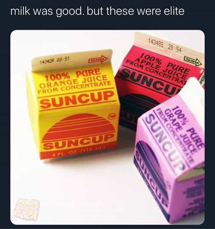 milk was good. but these were elite 143428 08 51 100% PURE ORANGE JUICE FROM CONCENTRATE SUNCUP