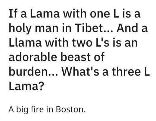 If a Lama with one Lis a holy man in Tibet... And a Llama with two L's is an adorable beast of burden... What's a three L Lama? A big fire in Boston.