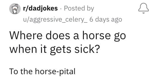 Where does a horse go when it gets sick? To the horse-pital