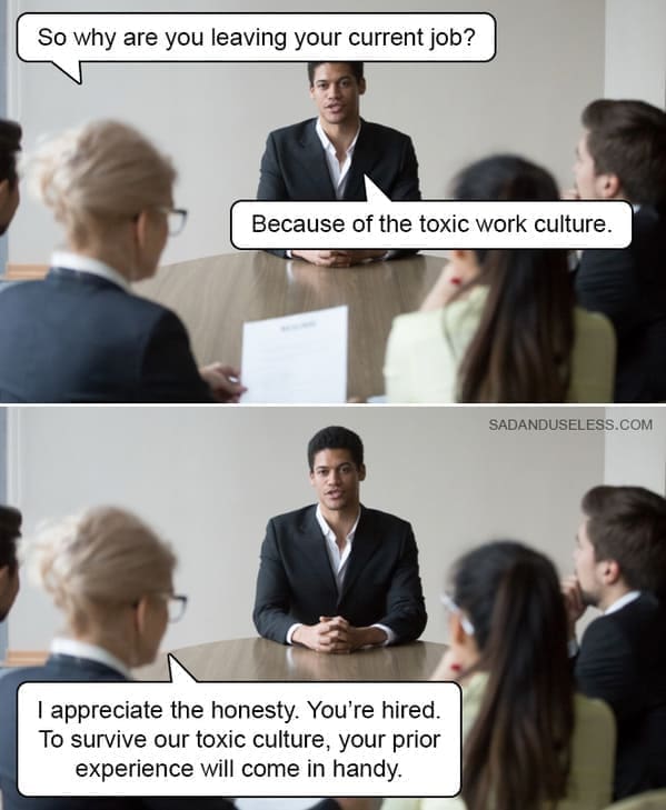 So why are you leaving your current job? Because of the toxic work culture. SADANDUSELESS.COM I appreciate the honesty. You're hired. To survive our toxic culture, your prior experience will come in handy.