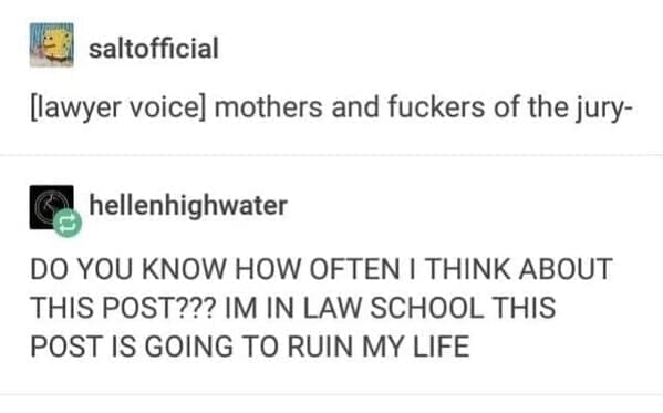 saltofficial [lawyer voice] mothers and fuckers of the jury- hellenhighwater DO YOU KNOW HOW OFTEN I THINK ABOUT THIS POST??? IM IN LAW SCHOOL THIS POST IS GOING TO RUIN MY LIFE