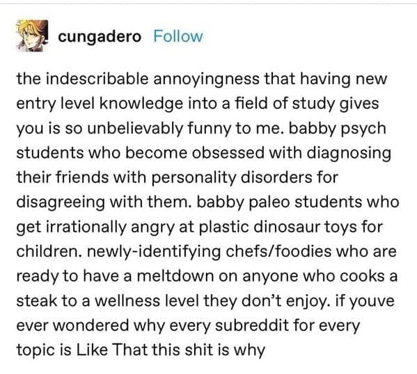 the indescribable annoyingness that having new entry level knowledge into a field of study gives you is so unbelievably funny to me. babby psych students who become obsessed with diagnosing their friends with personality disorders for disagreeing with them. babby paleo students who get irrationally angry at plastic dinosaur toys for children. newly-identifying chefs/foodies who are ready to have a meltdown on anyone who cooks a steak to a wellness level they don't enjoy. if youve ever wondered why every subreddit for every topic is Like That this shit is why