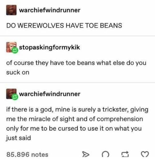warchiefwindrunner DO WEREWOLVES HAVE TOE BEANS stopaskingformykik of course they have toe beans what else do you suck on warchiefwindrunner if there is a god, mine is surely a trickster, giving me the miracle of sight and of comprehension only for me to be cursed to use it on what you just said