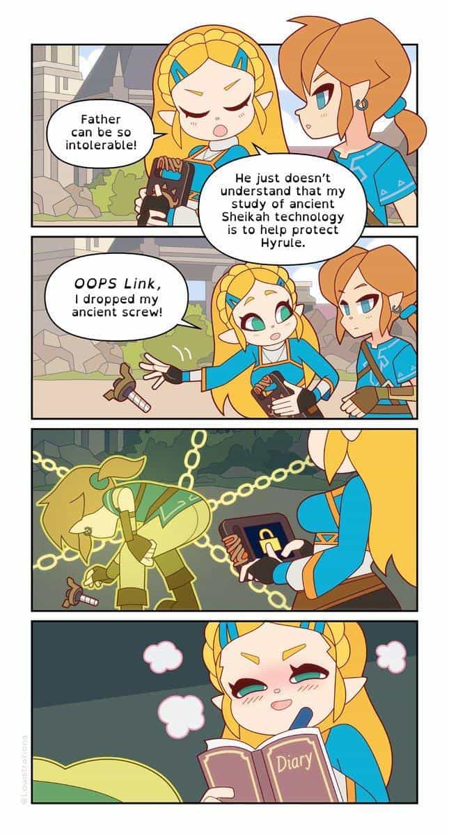 Father can be so intolerable! He just doesn't understand that my study of ancient Sheikh technology is to help protect Hyrule. OOPS Link, I dropped my ancient screw!