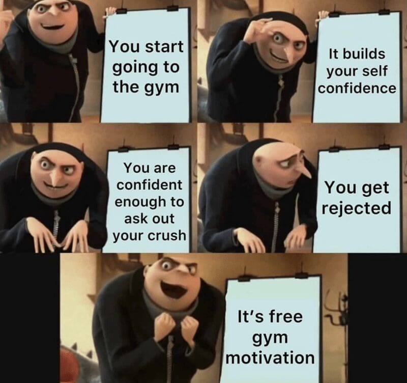 You start going to the gym It builds your self confidence You are confident enough to ask out your crush You get rejected It's free gym motivation