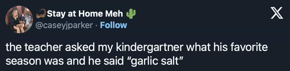conversation with kids the teacher asked my kindergartner what his favorite season was and he said "garlic salt"