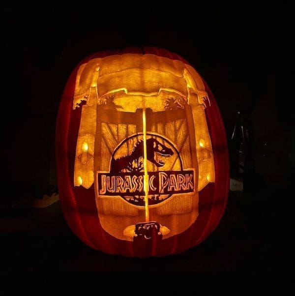 best pumpkin carving design jurassic park gate
