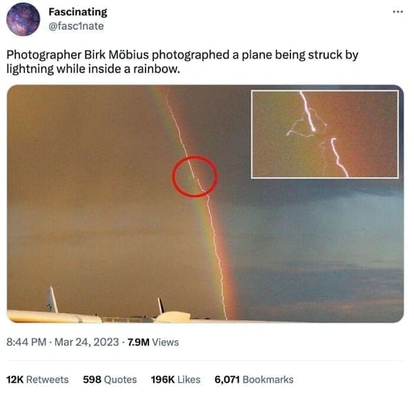 Boss mode Photographer Birk Möbius photographed a plane being struck by lightning while inside a rainbow.
