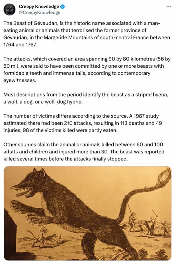 creepy tweets Creepy Knowledge © @CreepyKnowledge The Beast of Gévaudan, is the historic name associated with a man-eating animal or animals that terrorised the former province of Gevaudan, in the Margeride Mountains of south-central France between 1764 and 1767. The attacks, which covered an area spanning 90 by 80 kilometres (56 by 50 mi), were said to have been committed by one or more beasts with formidable teeth and immense tails, according to contemporary eyewitnesses. Most descriptions from the period identify the beast as a striped hyena, a wolf, a dog, or a wolf-dog hybrid. The number of victims differs according to the source. A 1987 study estimated there had been 210 attacks, resulting in 113 deaths and 49 injuries; 98 of the victims killed were partly eaten. Other sources claim the animal or animals killed between 60 and 100 adults and children and injured more than 30. The beast was reported killed several times before the attacks finally stopped.