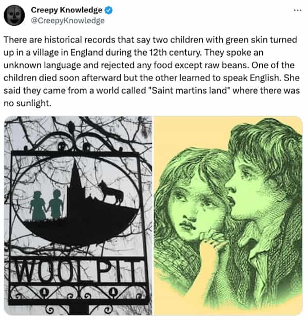 creepy tweets Creepy Knowledge © @CreepyKnowledge There are historical records that say two children with green skin turned up in a village in England during the 12th century. They spoke an unknown language and rejected any food except raw beans. One of the children died soon afterward but the other learned to speak English. She said they came from a world called "Saint martins land" where there was no sunlight.