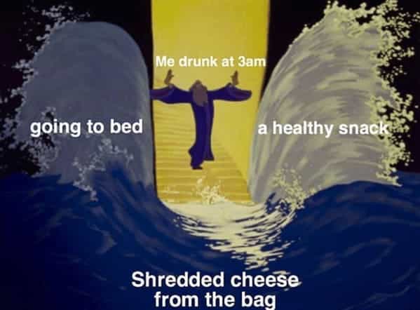 drinking meme Me drunk at 3am going to bed a healthy snac Shredded cheese from the bag
