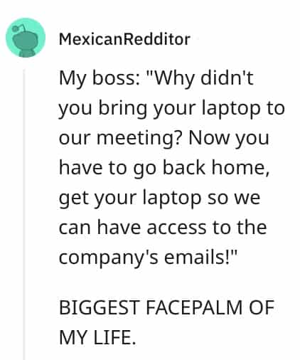 dumbest bosses My boss: "Why didn't you bring your laptop to our meeting? Now you have to go back home, get your laptop so we can have access to the company's emails!" BIGGEST FACEPALM OF MY LIFE.
