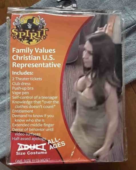 fake costumes Family Values Christian U.S. Representative Includes: 2 Theater tickets Club dress Push up bra Vape pen Self control of a
