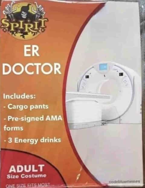 fake costumes ER DOCTOR Includes: - Cargo pants - Pre-signed AMA forms -3 Energy drinks