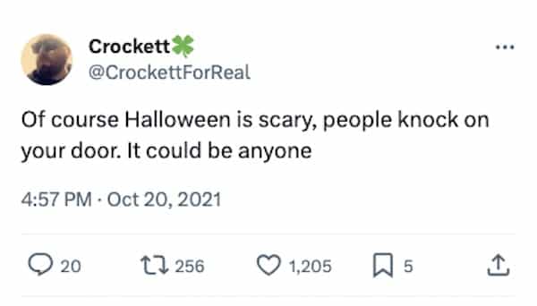 funny halloween tweets Of course Halloween is scary, people knock on your door. It could be anyone
