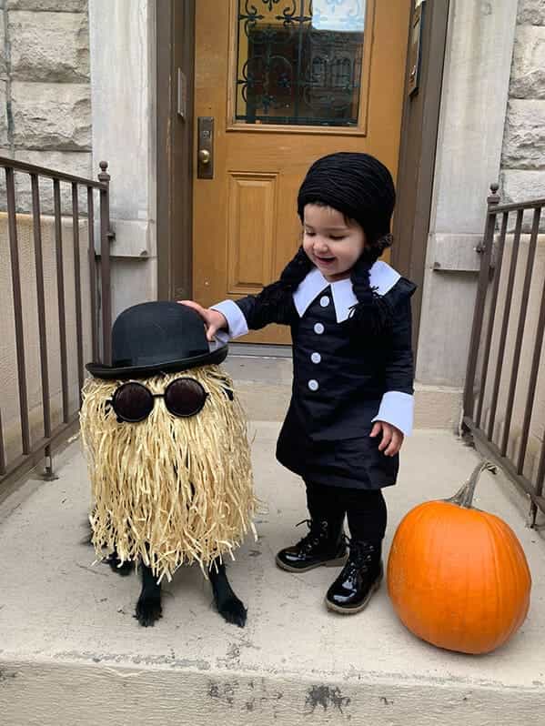 funny kids halloween costumes Wednesday and cousin it