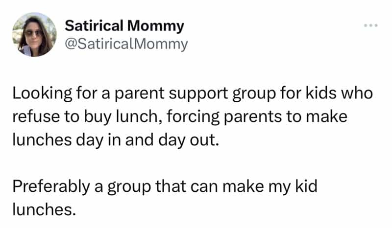 Looking for a parent support group for kids who refuse to buy lunch, forcing parents to make lunches day in and day out. Preferably a group that can make my kid lunches.