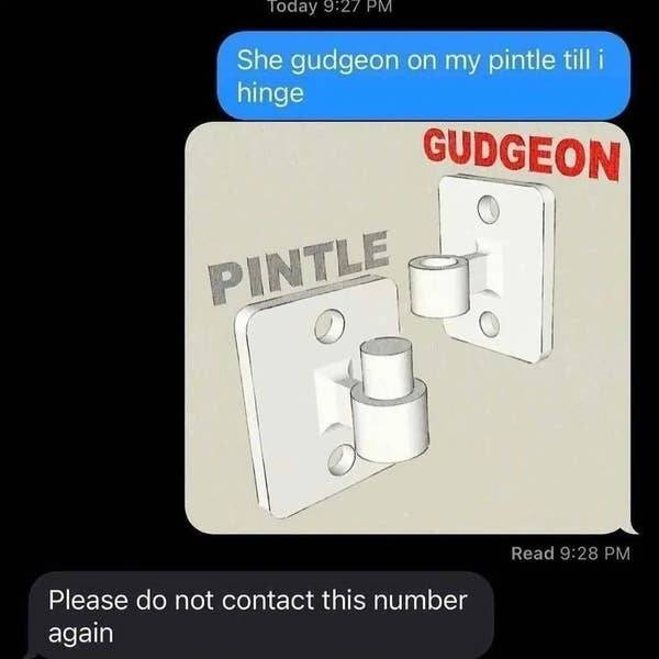 funny memes She gudgeon on my pintle till i hinge GUDGEON PINTLE Read 9:28 PM Please do not contact this number again