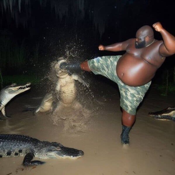 black guy kicking alligator