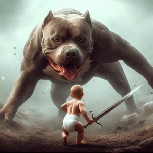 giant pitbull and tiny baby with sword