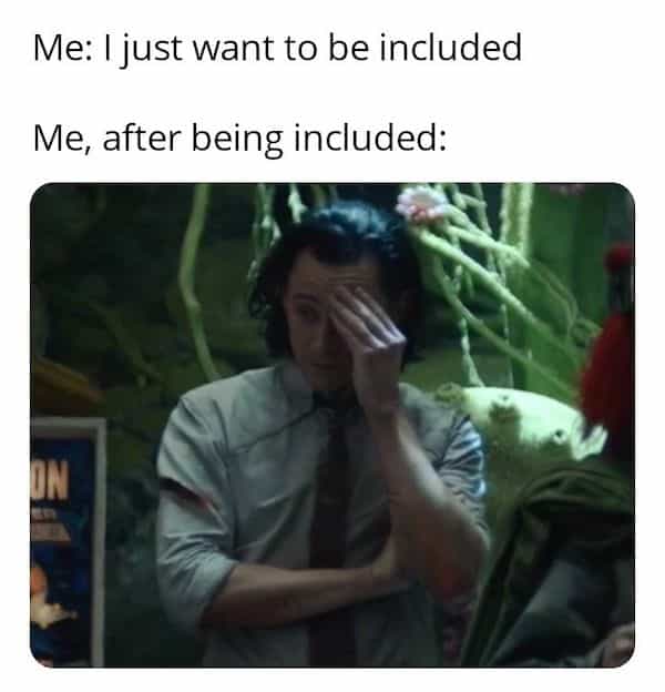 introvert memes Me: I just want to be included Me, after being included: