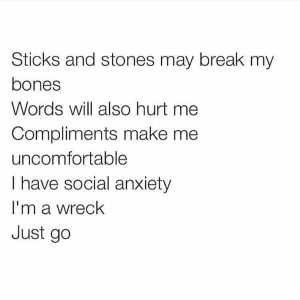 being single memes Sticks and stones may break my bones Words will also hurt me Compliments make me uncomfortable I have social anxiety I'm a wreck Just go