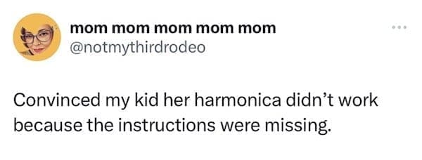 funny parenting tweets Convinced my kid her harmonica didn't work because the instructions were missing.