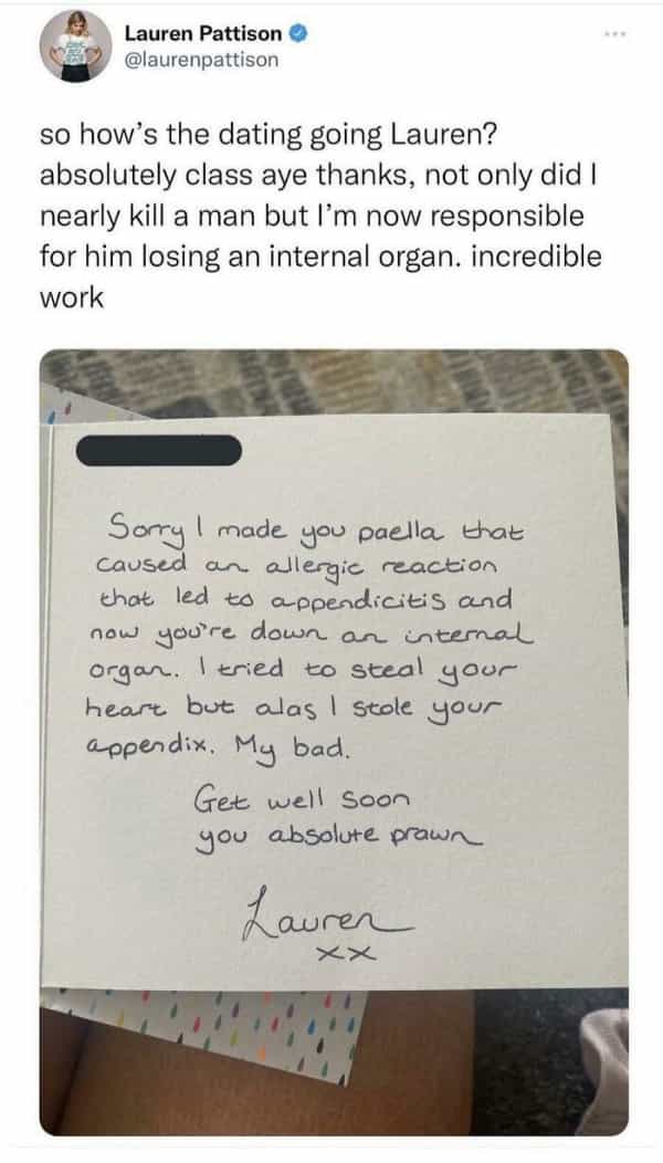 Scottish twitter so how's the dating going Lauren? absolutely class aye thanks, not only did I nearly kill a man but I'm now responsible for him losing an internal organ. incredible work