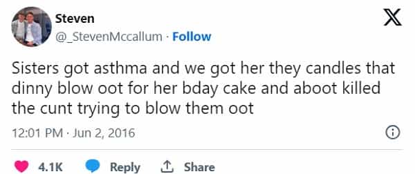 Scottish twitter Sisters got asthma and we got her they candles that dinny blow oot for her bday cake and aboot killed the cunt trying to blow them oot