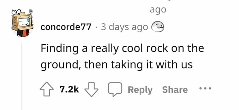 Finding a really cool rock on the ground, then taking it with us