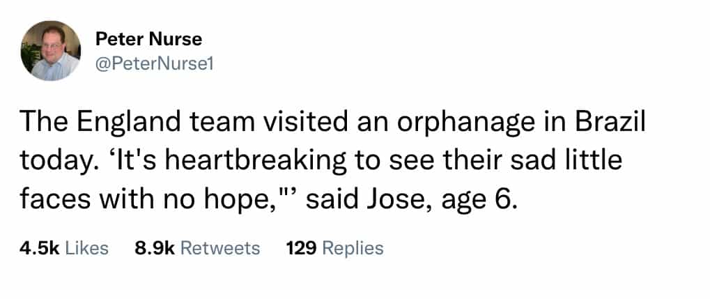 The England team visited an orphanage in Brazil today. 'It's heartbreaking to see their sad little faces with no hope," said Jose, age 6.