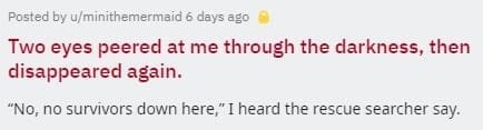 two sentence horror stories Two eyes peered at me through the darkness, then disappeared again. "No, no survivors down here," I heard the rescue searcher say.