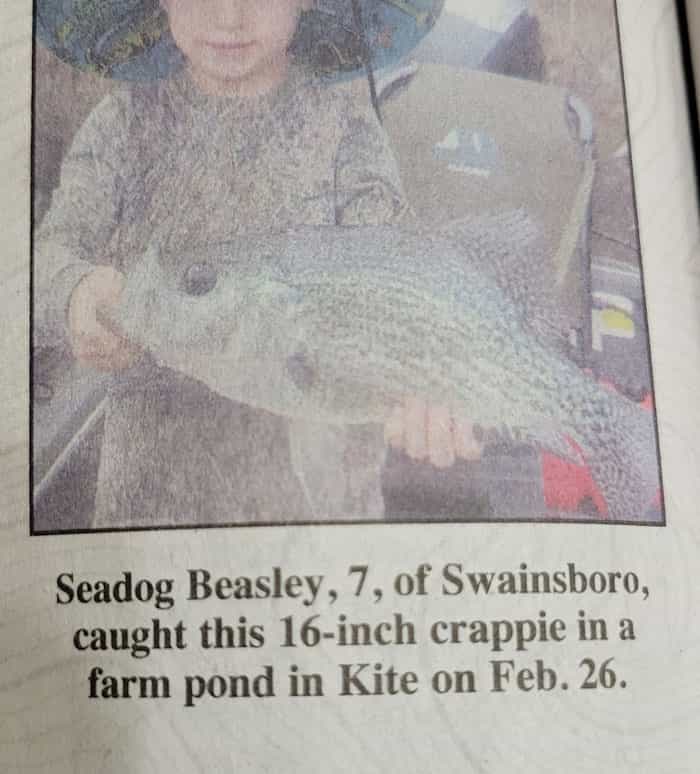 Worst kid names Seadog Beasley, 7, of Swainsboro, caught this 16-inch crappie in a farm pond in Kite on Feb. 26.
