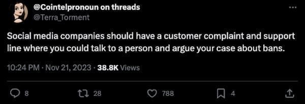 boomer complaints Social media companies should have a customer complaint and support line where you could talk to a person and argue your case about bans.