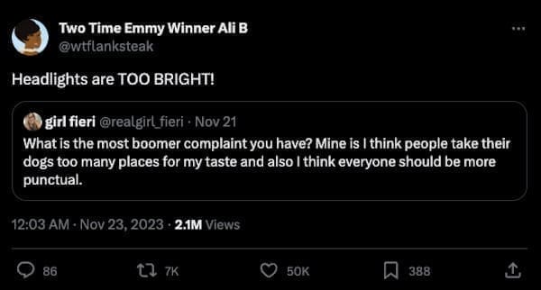 boomer complaints Headlights are TOO BRIGHT!
